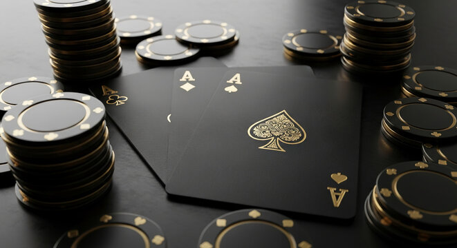 Black poker chips and playing cards, aces, on dark surface.  Image evokes luxury, gambling, and high stakes
