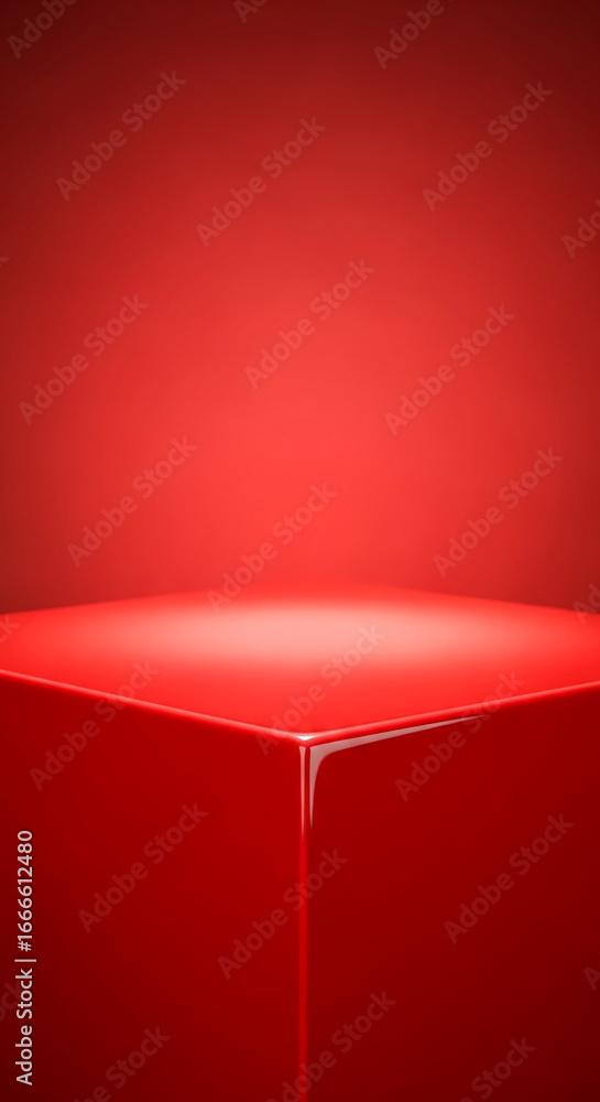Poster red glossy cube platform on red background, ideal for product display or advertisement mockup, showc