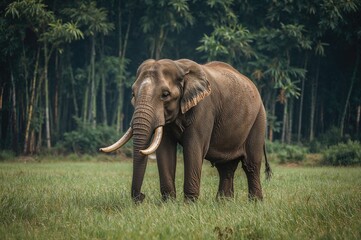 Fototapeta premium Powerful solitary male Asiatic elephant roaming the grassy plains of a dense forest