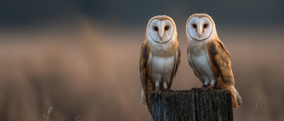 Barn owl pair perched together on rustic wooden fence post showing identical alert positioning perfect for partnership teamwork and wildlife vigilance concepts.