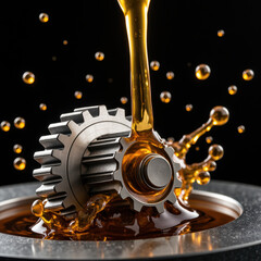 Metallic gear surrounded by splashing oil creates dynamic and industrial scene, showcasing interaction between machinery and lubricant