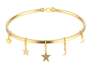 Golden bangle with heart, star, moon charms on transparent background