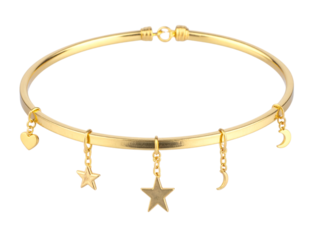 Golden bangle with heart, star, moon charms on transparent background