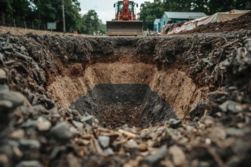 View from below the mound showing a cross-section of soil layers under an excavated asphalt road for road repair work
