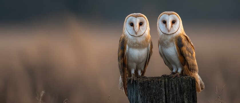 Barn owl pair perched together on rustic wooden fence post showing identical alert positioning perfect for partnership teamwork and wildlife vigilance concepts.