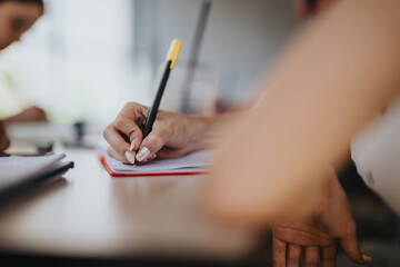 A focused view of someone writing in a notebook during a learning or working session.