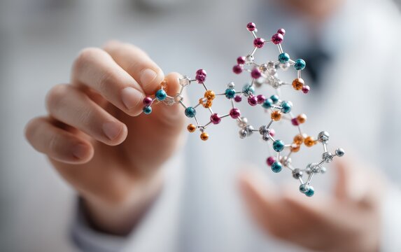 Scientist explaining epigenetic inheritance patterns using 3D molecular models in laboratory educational demonstration perfect for genetic science teaching concepts.