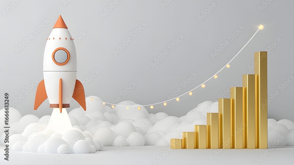Aufkleber rocket launching towards growth with bar graph and cloud background