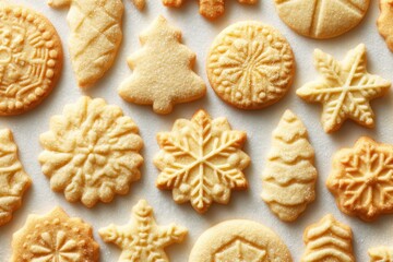 Christmas butter cookies. Close-up of golden-brown cookies with intricate patterns. The cookie dusted in sweet brown sugar. Pile of cookies Close-up. Variety of Xmas sweets. Holiday baking concept.