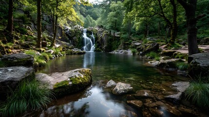 Breathtaking long-exposure of a cascading waterfall in a lush, green forest. The silky smooth water flows over moss-covered rocks under golden sunlight.