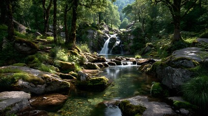Breathtaking long-exposure of a cascading waterfall in a lush, green forest. The silky smooth water flows over moss-covered rocks under golden sunlight.