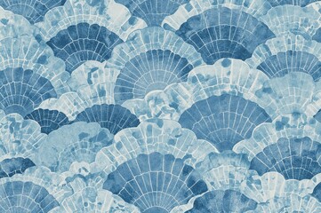 Seamless pattern featuring hand-painted watercolor blue art deco fish scale fractal semicircles and floral oriental fan design