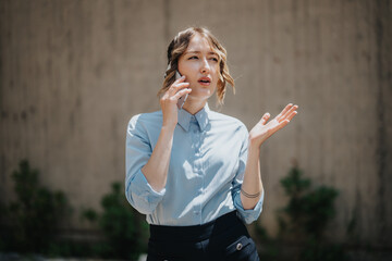 Business professional woman in light blue shirt talking on phone outdoors. Concept of communication...
