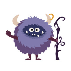 Round purple furry monster with horns and magic staff. Funny cartoon fantasy creature with wide smile. Vector children's illustration for Halloween design, kids print, party invitations