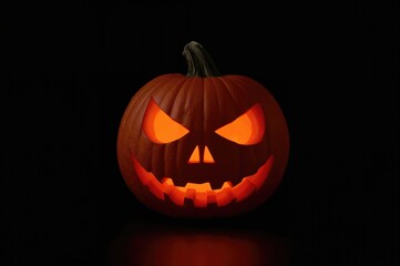 Fototapeta premium Spooky Pumpkin Face Lantern Against Dark Backdrop, Halloween Candy Time