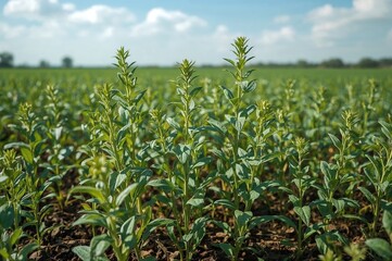 Obraz premium Cultivating mustard outdoors, close-up of tender mustard seedlings in a field