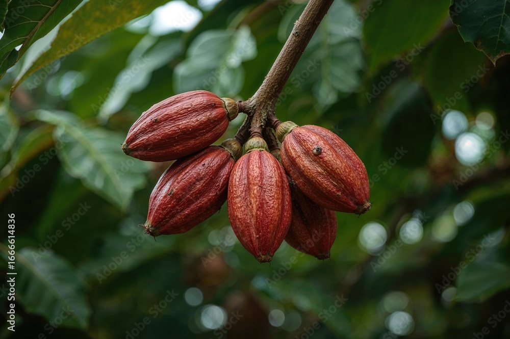Poster cluster of crimson cocoa pods attached to a tree limb