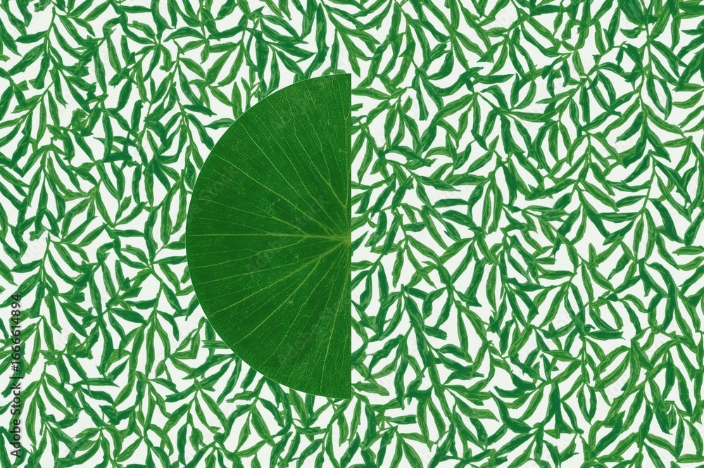 Poster flat lay of a green mango leaf with a half-circle overlapping design on a plain background