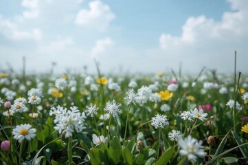 Fototapeta premium Cluster of snowflake flowers blooming in a spring field, Leucojum
