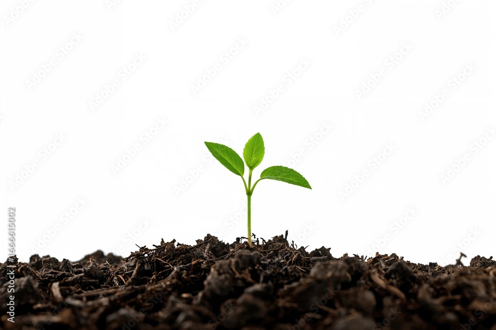 Poster close-up of a tiny seedling sprouting from earth against a white backdrop with empty space