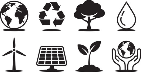 Ecological Sustainability Icons Set Earth Recycle Tree Water Wind Solar Plant Hand Globe Black