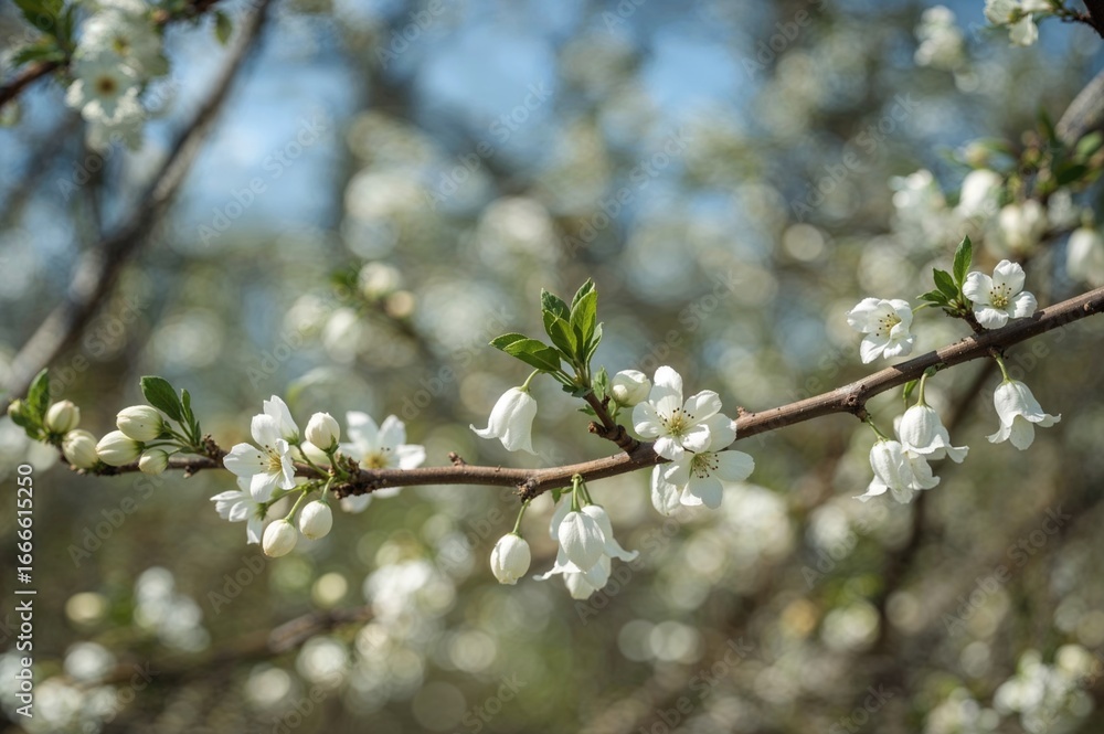 Poster springtime flowering branches with delicate bluebells and soft bokeh effect