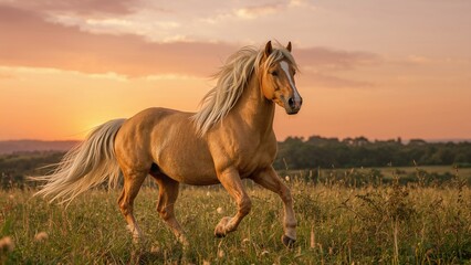 Obraz premium Golden horse with a white mane galloping at sunset