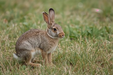 Fototapeta premium Small grey hare feeding on grass during summer in the wild