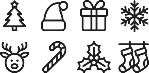 Festive Holiday Icons Set: Tree, Hat, Gift, Snowflake, Reindeer, Candy Cane, Holly, Stockings