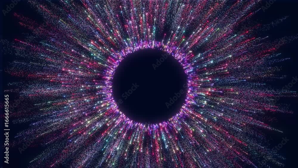 Poster vibrant radial particle burst ring with central dark circle abstract glittering energy explosion bac