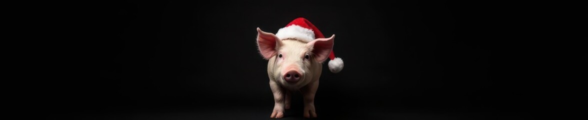 Fototapeta premium A pig in a festive Santa hat against a stark black backdrop , country, dark background, funny