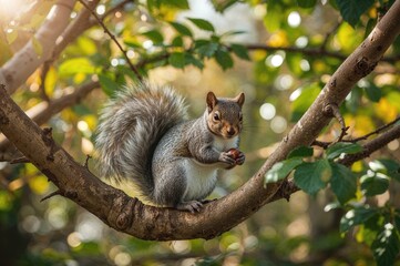 Fluffy Wild Rodent Gathering Food on a Tree Limb