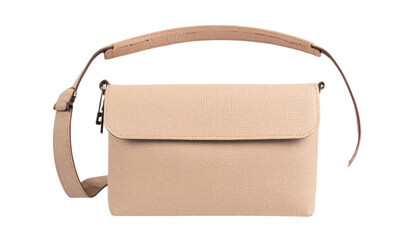 Beige crossbody bag on a neutral setting on transparent background