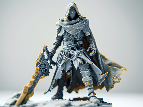 Fototapeta detailed dark fantasy warrior figurine with sword and cloak standing on base for tabletop gaming and collectible concept