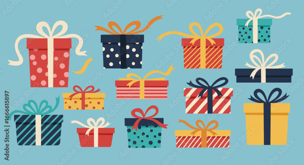 Poster a lightblue background features a collection of colorful cartoonstyle gift boxes each uniquely decor