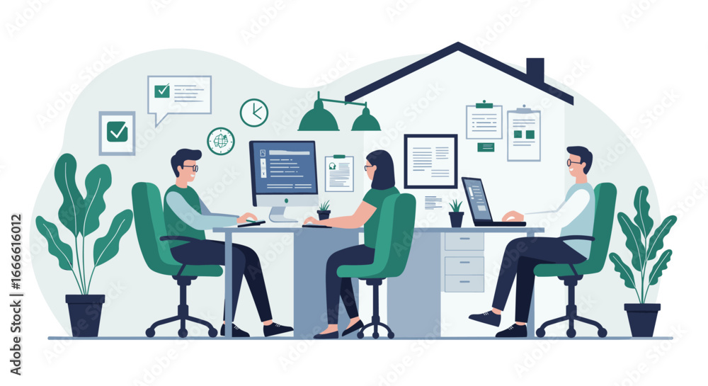 Poster modern office workspace with people working on laptops in a minimalist setting