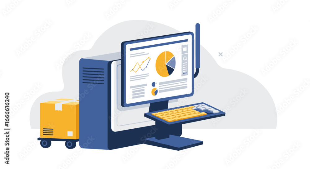 Poster modern e-commerce logistics and data analysis concept with computer and barco…