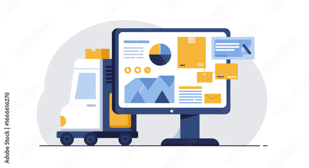 Poster flat design of logistics technology with truck and data analysis on computer…