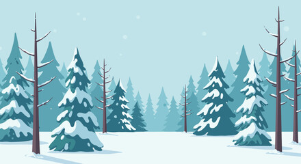 A serene winter forest scene with snowladen evergreen trees and bare trees under a light blue sky