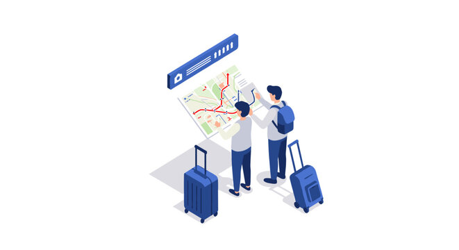 Travelers exploring city map with luggage in isometric style