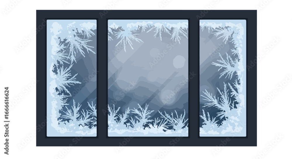 Poster a window pane is covered in intricate frost patterns revealing a frosty winter scene