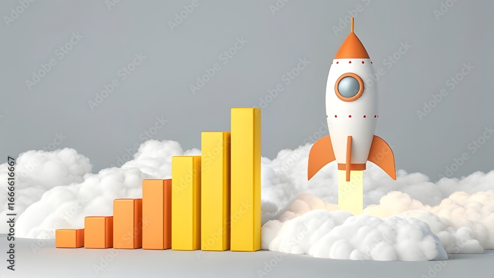 Aufkleber rocket launching with increasing bar graph on cloudy background