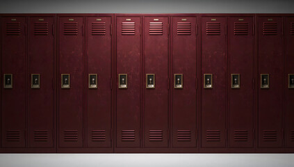 Fototapeta premium Row of Maroon Metal Lockers in School or Gym Setting