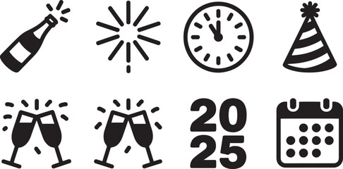 New Year's Eve 2025 Vector Icons Set Bottle Fireworks Clock Hat Toast Calendar Isolated