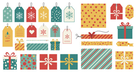 An assortment of holidaythemed gift tags wrapping paper and presents arranged on a white background