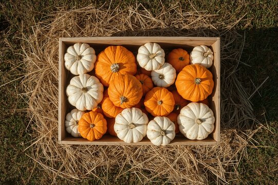 Overhead shot of a rectangular wooden crate filled with assorted fresh decorative pumpkins on a bed of straw during a sunny autumn afternoon. Harvest time, natural farm produce - Powered by Adobe