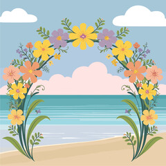 Vibrant Floral Arch on Serene Beach with Ocean View and Blue Sky - Summer, Celebration, or Wedding Background