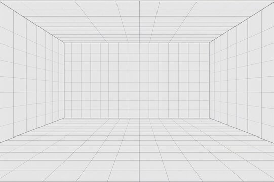 Vector format grid perspective background with model projection for interior design template. Single line viewpoint perspective.