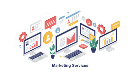 Digital marketing services concept with interactive 3d isometric design featu…