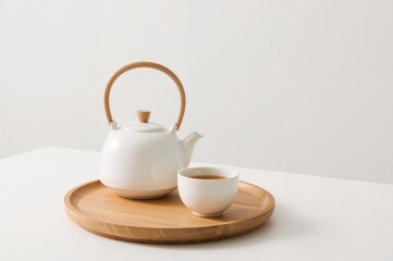 White porcelain teapot with wooden grip and matching tea cup placed on a wooden tray on a white surface, illuminated by natural light with ample negative space. Simple minimalist Asian decor.